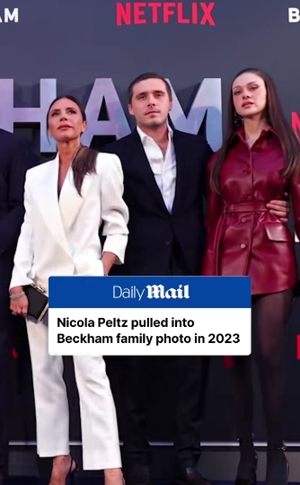 Victoria Beckham stood shoulder to shoulder with Brooklyn and Nicola Peltz Beckham for a red carpet photo at the 2023 Netflix premiere, with Nicola's expression fuelling speculation amid family tensions. | Source: TikTok/dailymailuk
