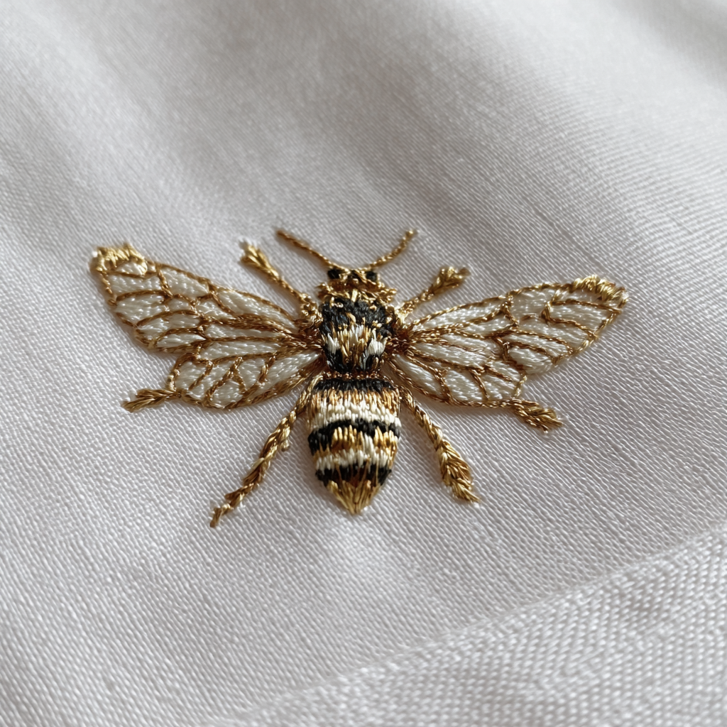 A close-up of an embroidered bee | Source: Midjourney