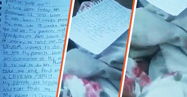 Carta escrita por una madre que abandonó a su bebé [izquierda, centro]; Bebé abandonado envuelto en mantas [derecha] | Foto: Facebook.com/Fox3now