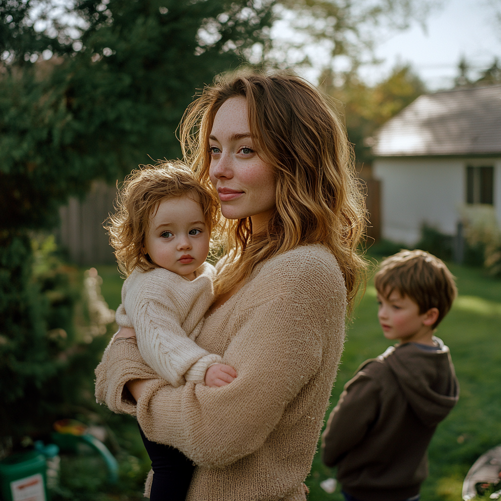 A woman with her two kids standing in a backyard | Source: Midjourney