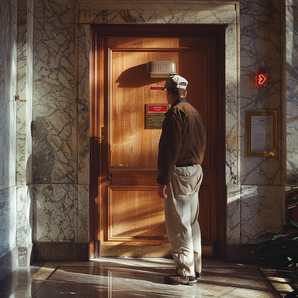 Tom standing outside one of his friends' closed and locked hotel room door | Source: Mijourney