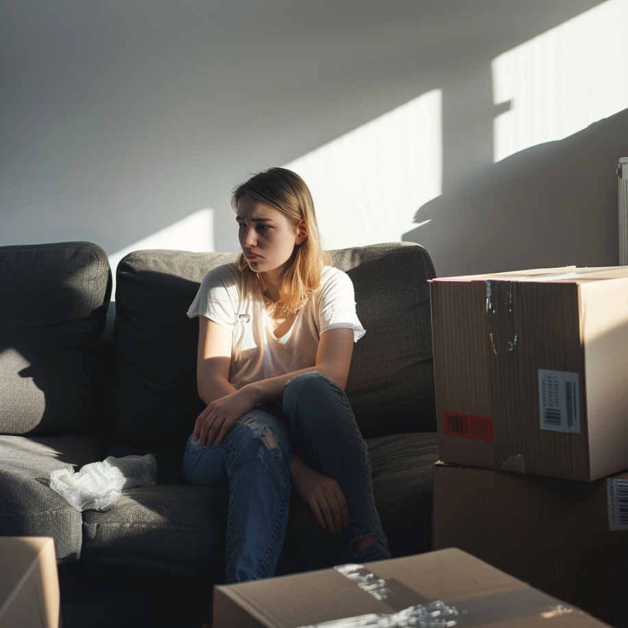 A woman sitting alone on a sofa contemplating something with cardboard boxes around | Source: Midjourney