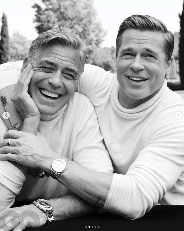 George Clooney and Brad Pitt posing for the GQ cover shoot, posted on August 25, 2024 | Source: Instagram/gq