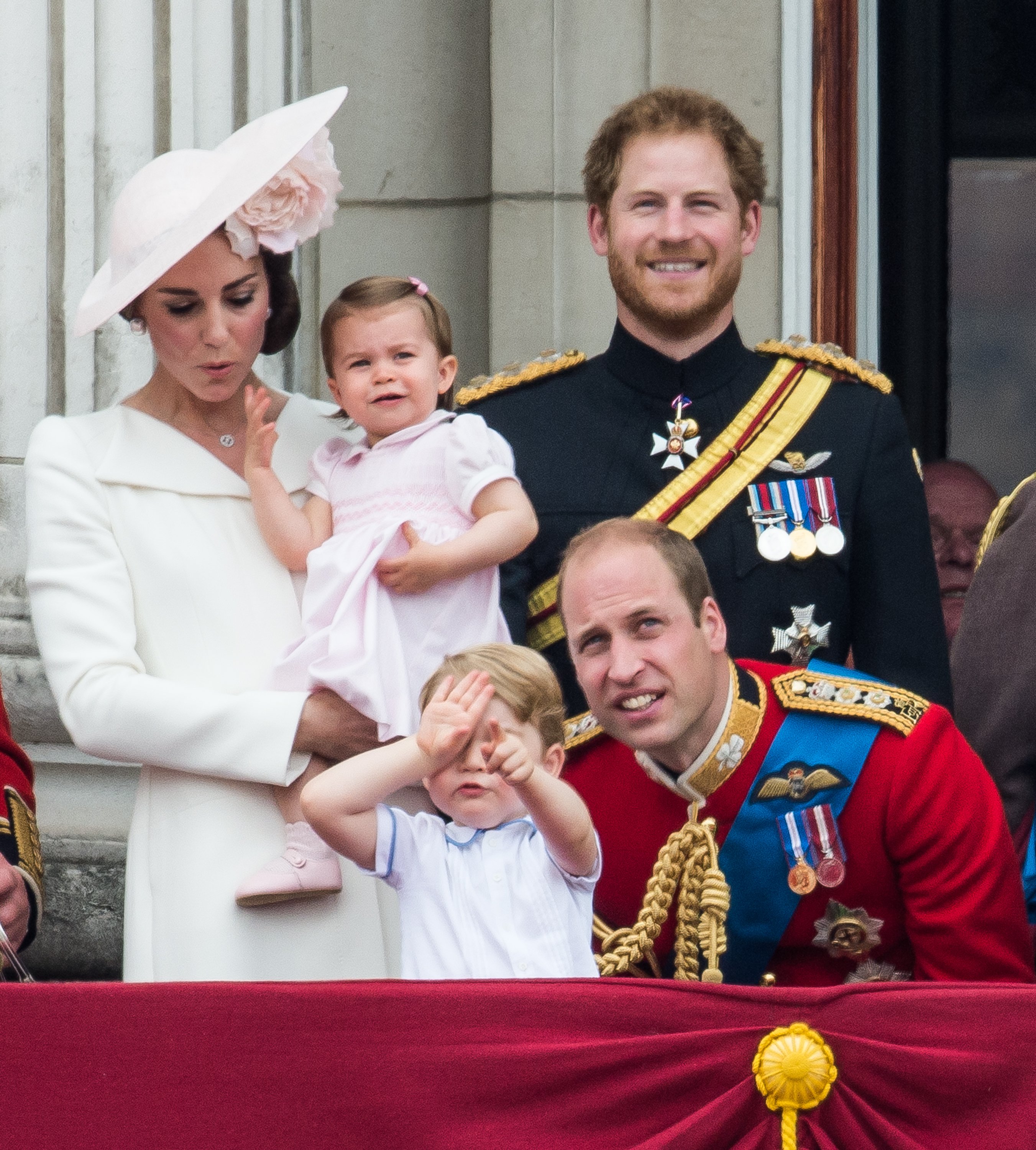 Duchess Catherine, Princess Charlotte, Prince George, Prince Harry, and Prince William on the balcony during the Trooping the Colour on June 11, 2016, in London, England. | Source: Getty Images
