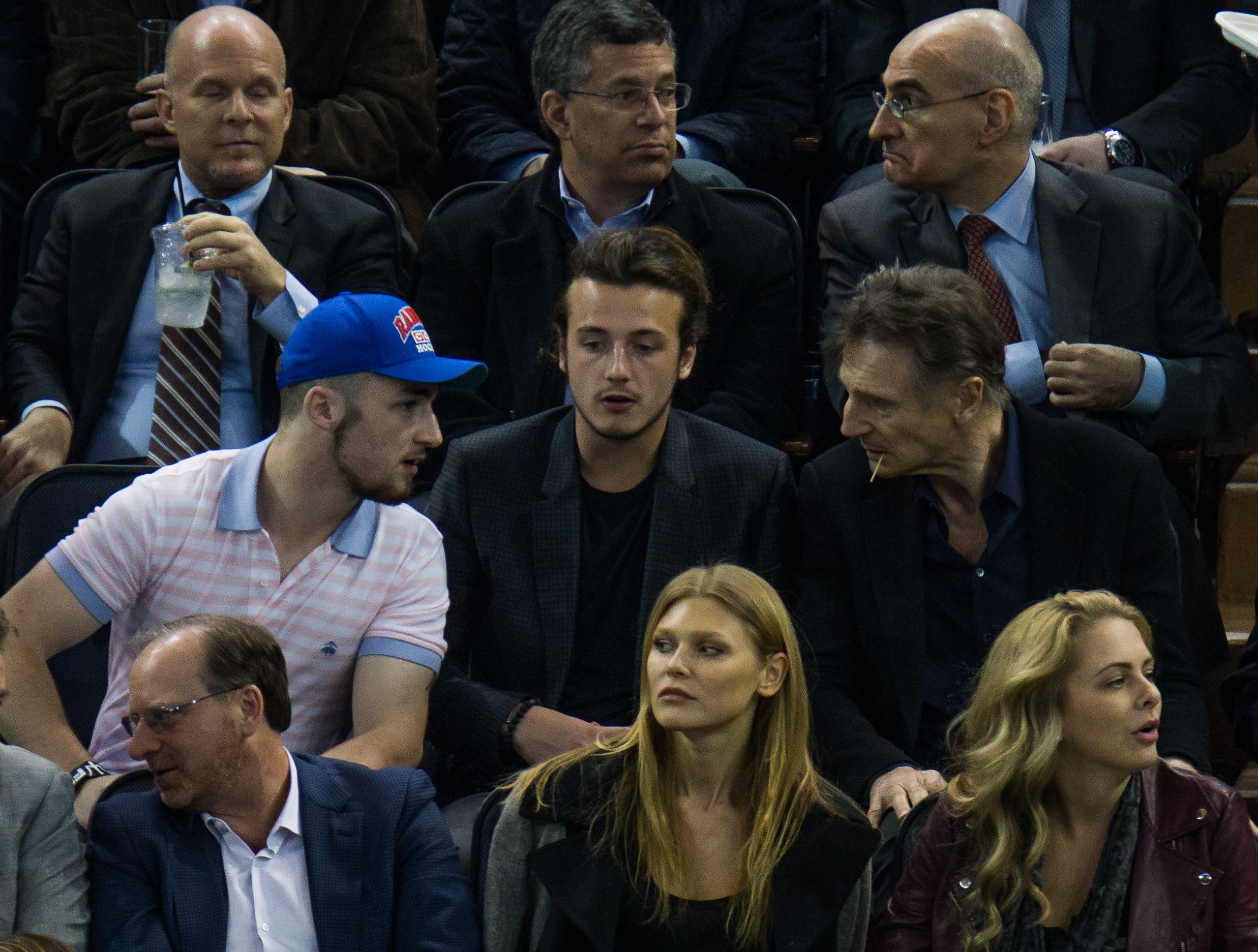 Liam Neeson and his sons, Daniel Neeson and Micheál Richardson at the New York Rangers Vs. Boston Bruins game on March 23, 2016 | Source: Getty Images