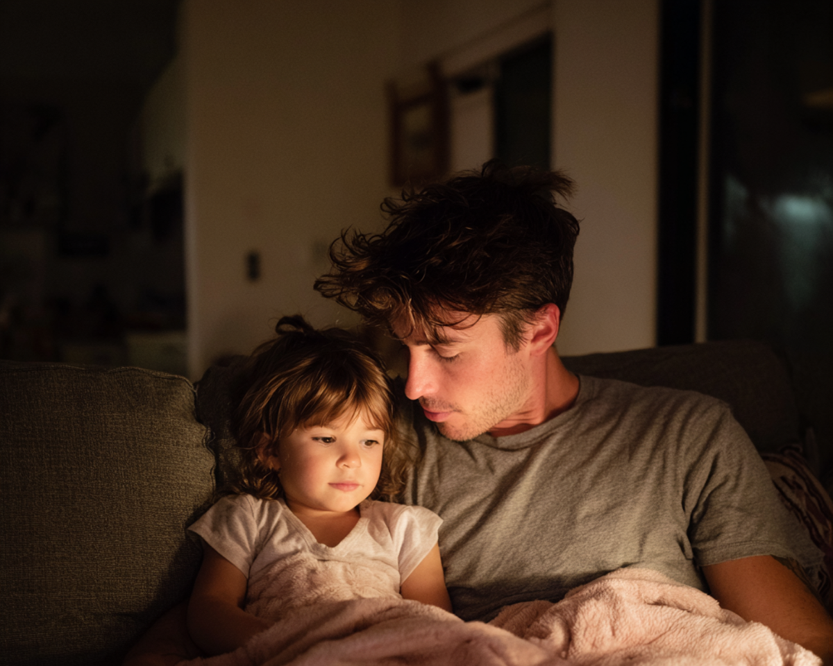 A man sitting on a couch with his daughter | Source: Midjourney