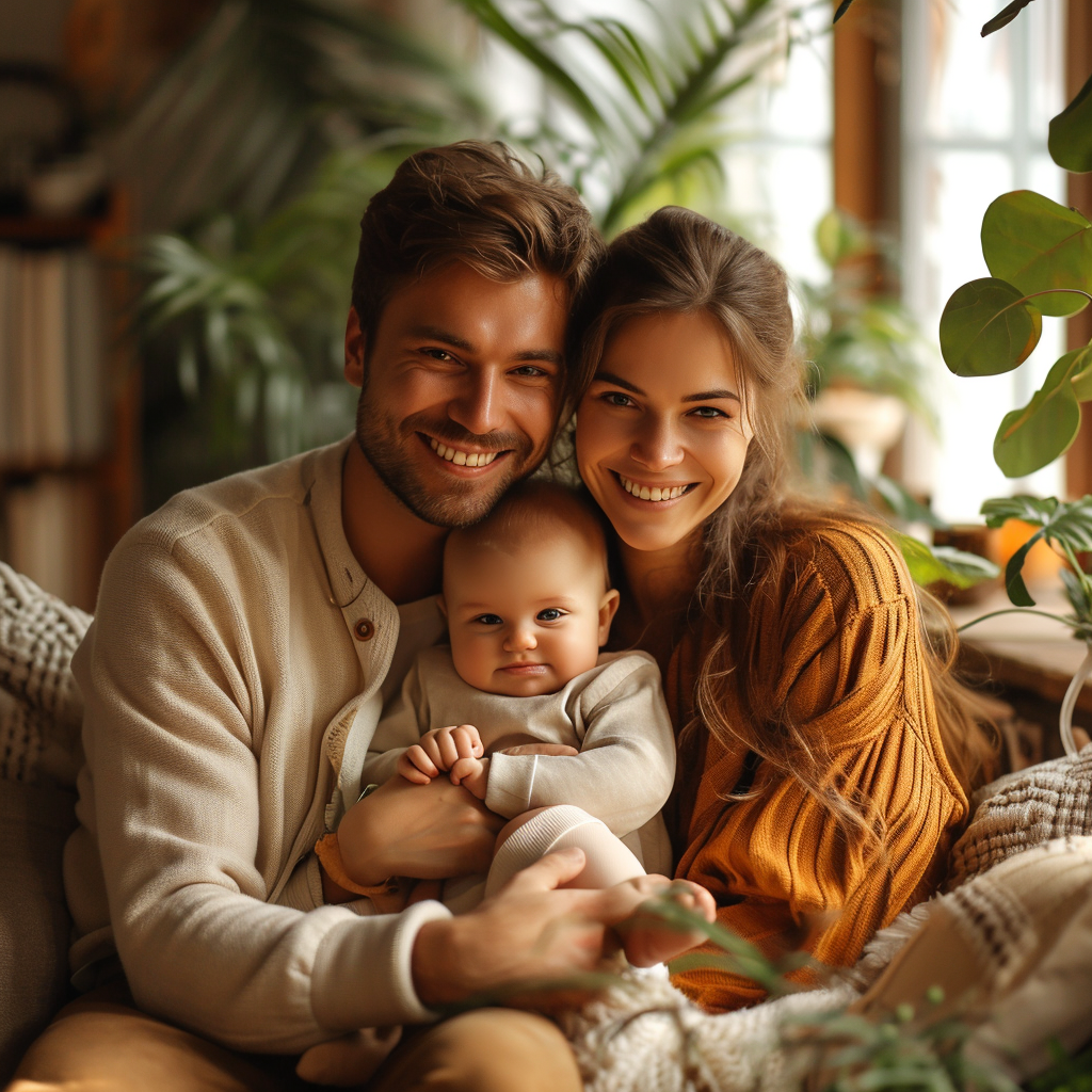 Smiling parents with a baby | Source: Midjourney