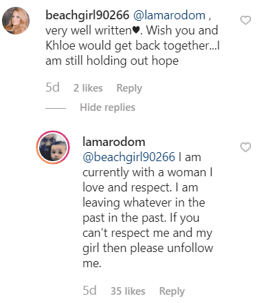 A screenshot of Lamar Odom's response to a fan on his Instagram | Source: Instagram / Lamar Odom
