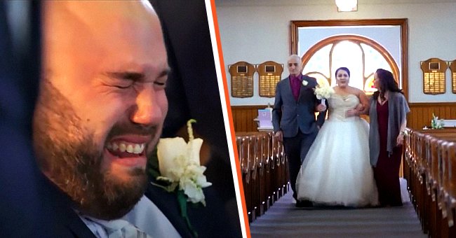 Justin Boisvert crying [left]; Sabrina Raposo walking down the aisle with her mother and stepfather [right]. │Source: youtube.com/InsideEdition