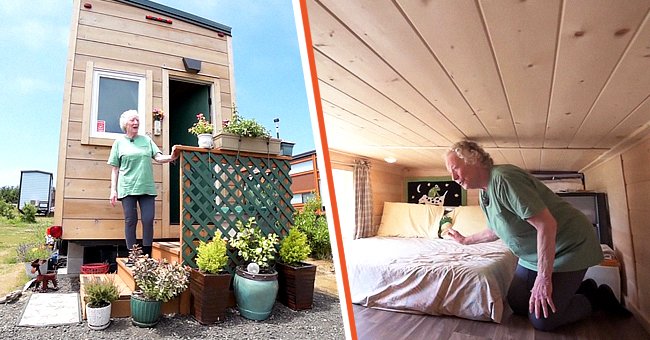 Penny stands outside her tiny coastal home [Left]. She sits inside her loft area, reserved for her dog [Right]. | Source: youtube.com/TinyHomeTours