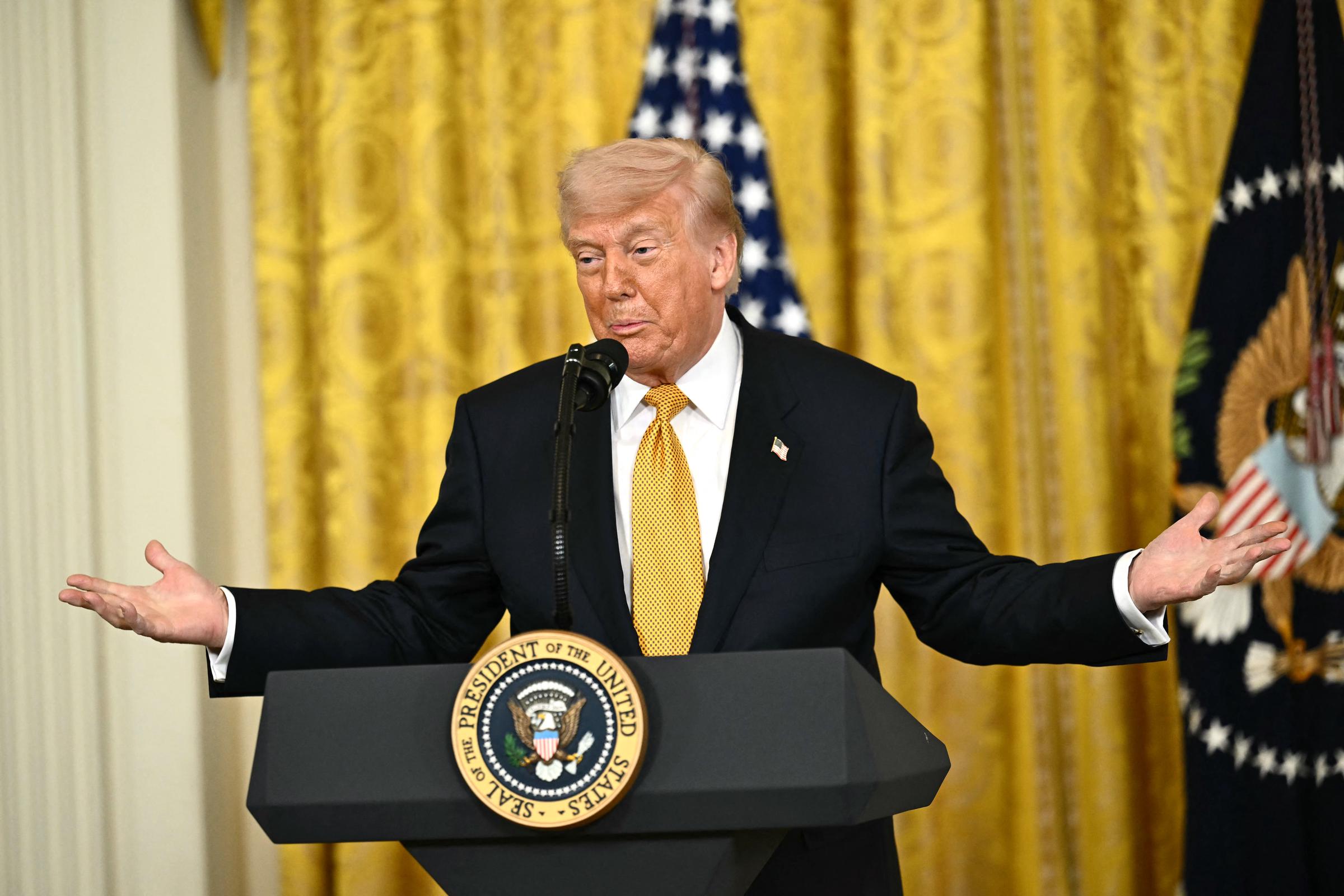 Donald Trump speaks during a Military Mother's Day Event in the East Room of the White House in Washington, DC, on May 6, 2026 | Source: Getty Images