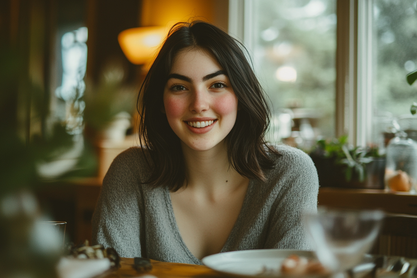 A woman sitting at a dinner table | Source: Midjourney