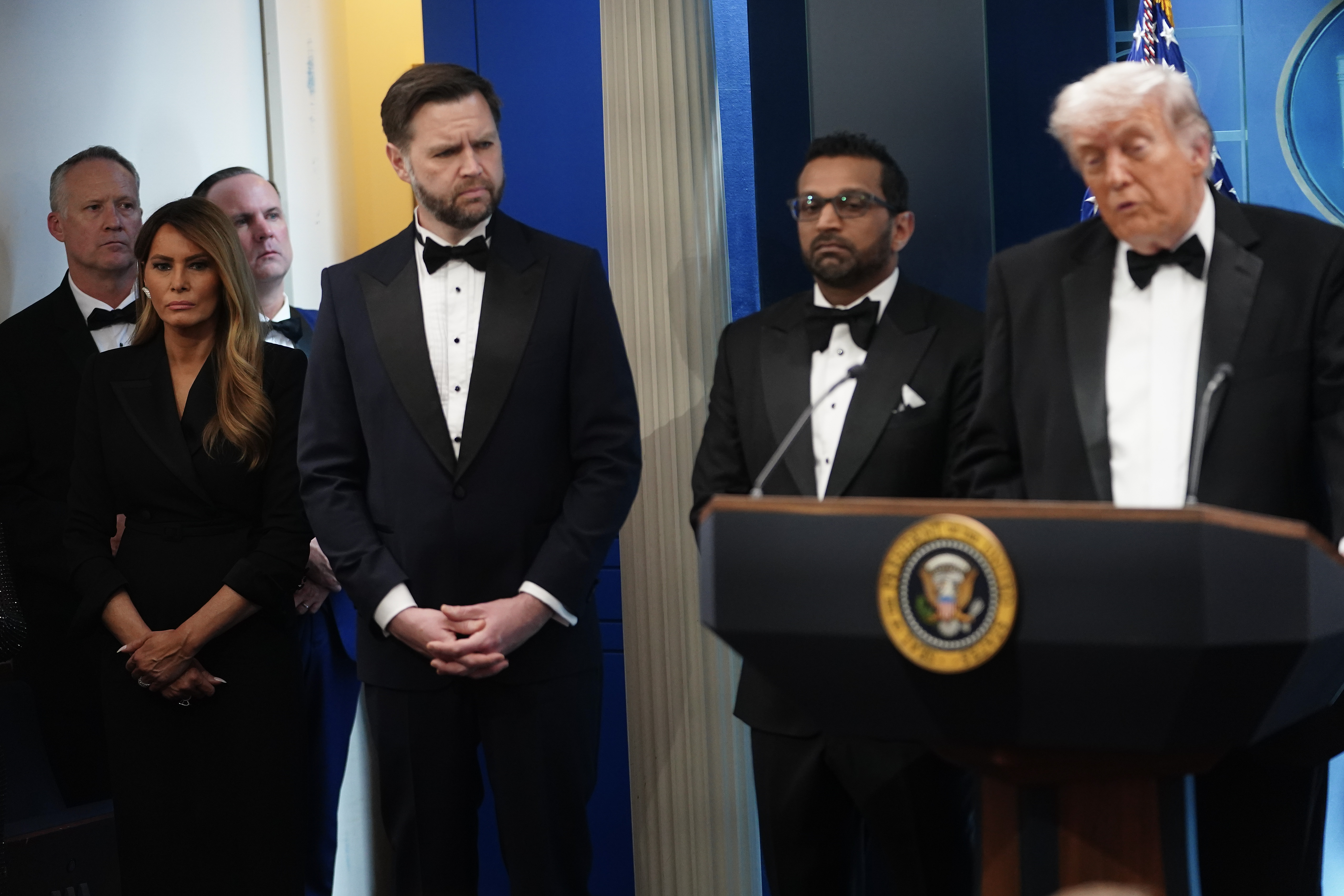 Melania Trump, JD Vance, and Kash Patel listen as Donald Trump speaks during a press conference in the Brady Press Briefing Room at the White House on April 25, 2026, in Washington, DC | Source: Getty Images