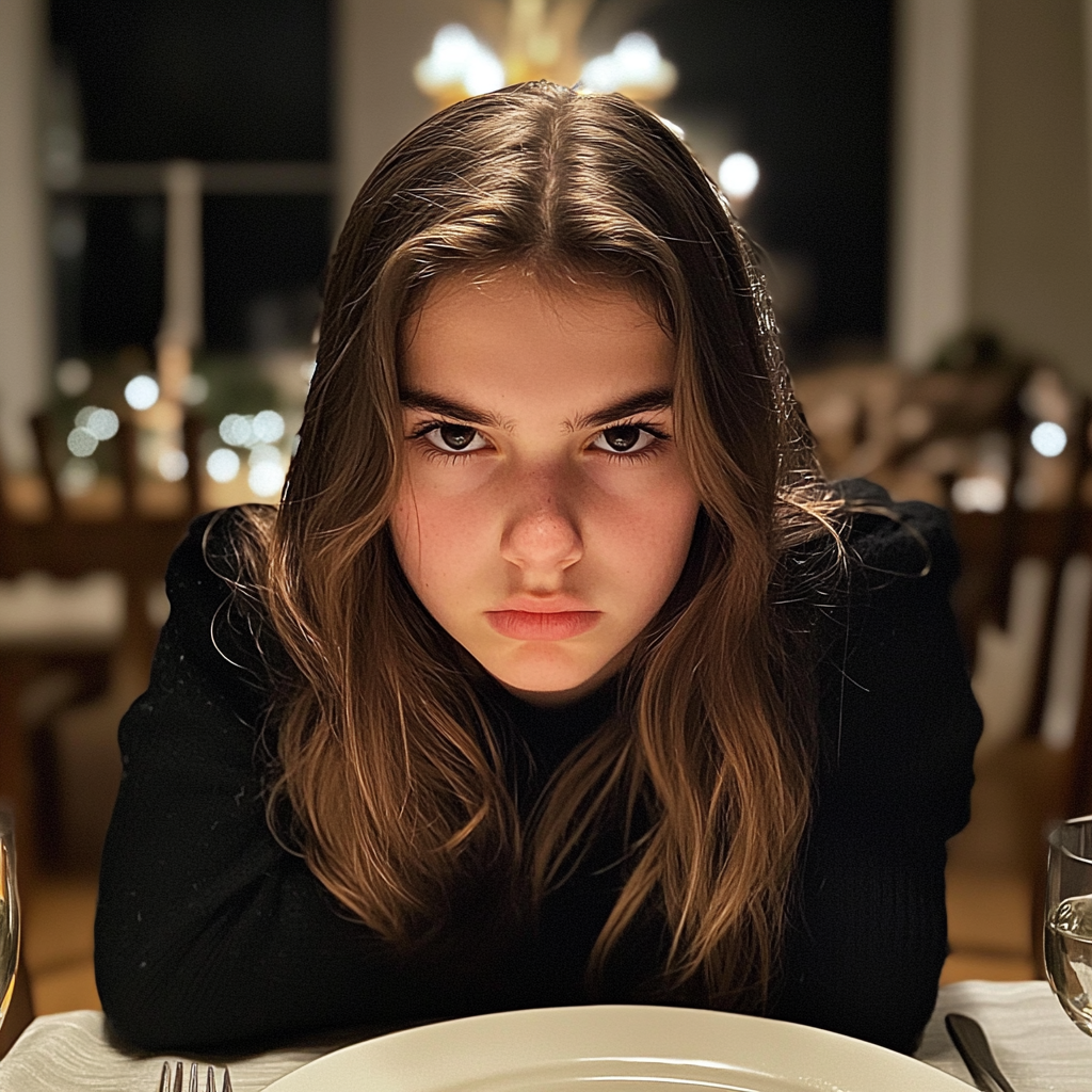 An upset girl sitting at a table | Source: Midjourney