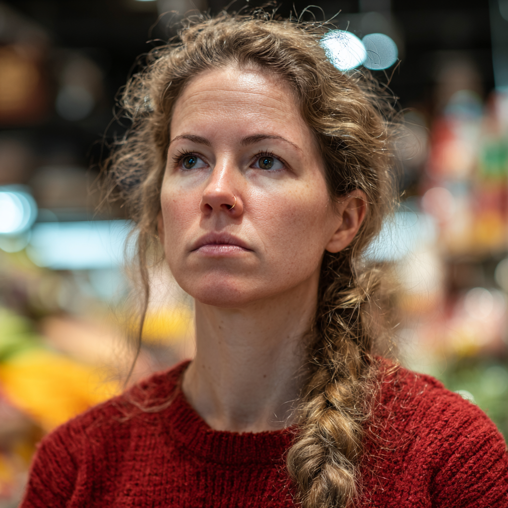 A close-up of a worried woman | Source: Midjourney