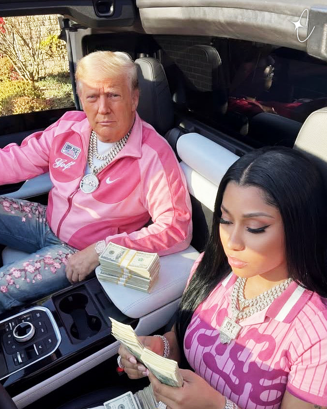Donald Trump and Nicki Minaj pose in color-coordinated outfits inside a car, with wads of money, in an AI-generated photo shared by Minaj on social media | Source: x.com/NICKIMINAJ