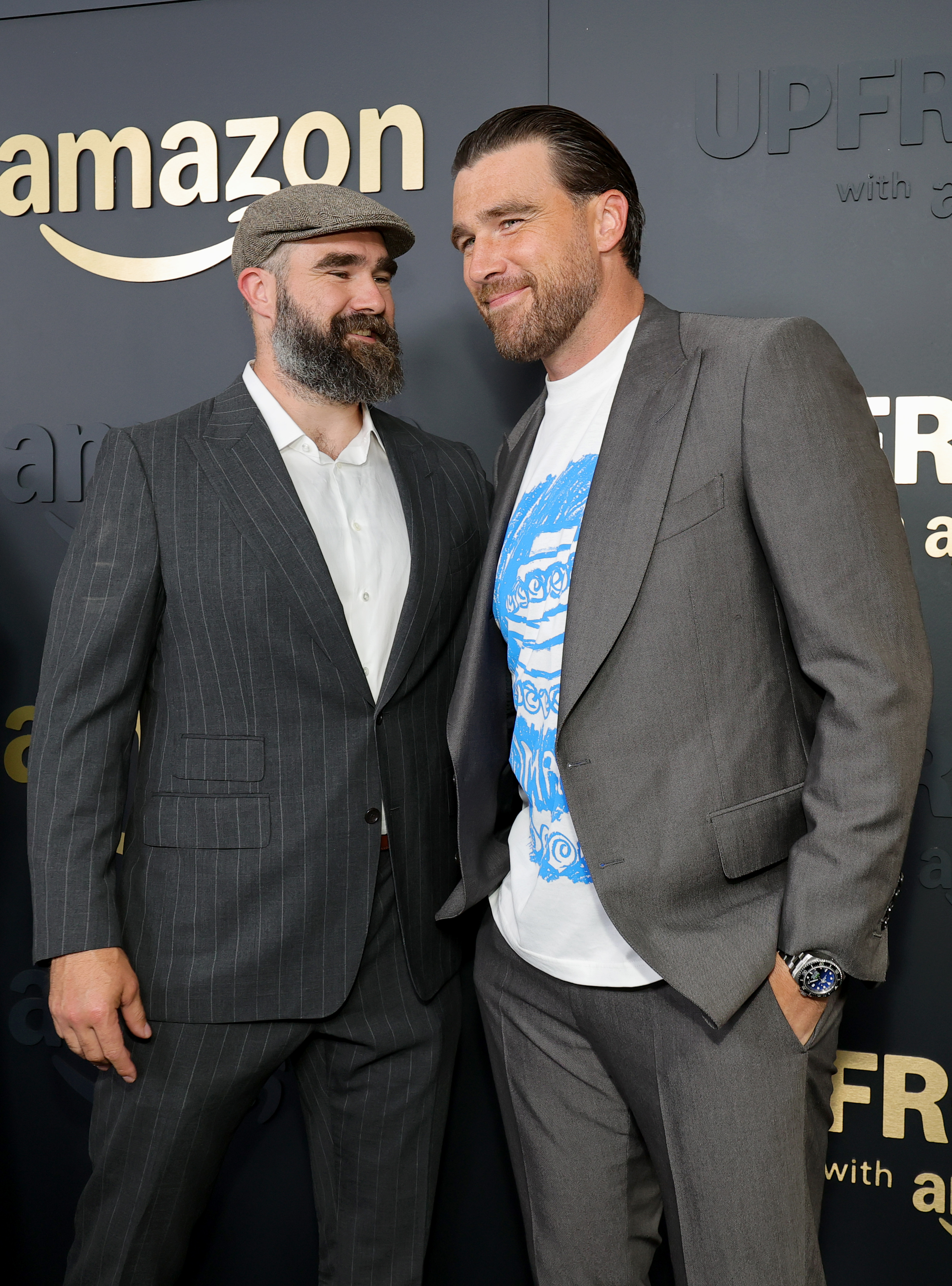 Jason Kelce and Travis Kelce are pictured together at Amazon's 2025 "Upfront" in New York City. Bloomberg reported that Jason served as his brother's best man during the wedding, while TMZ reported that Jason and Kylie Kelce's daughters were the ceremony's flower girls. | Source: Getty Images