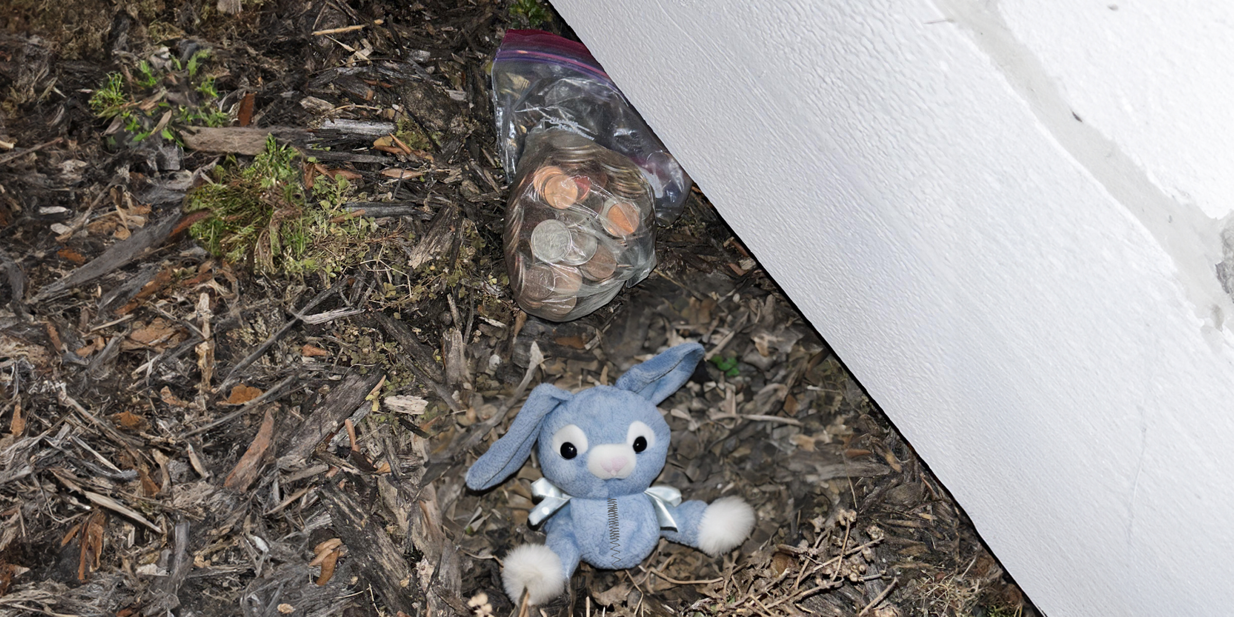 A bag of coins and a plush bunny lying under a fence | Source: Amomama