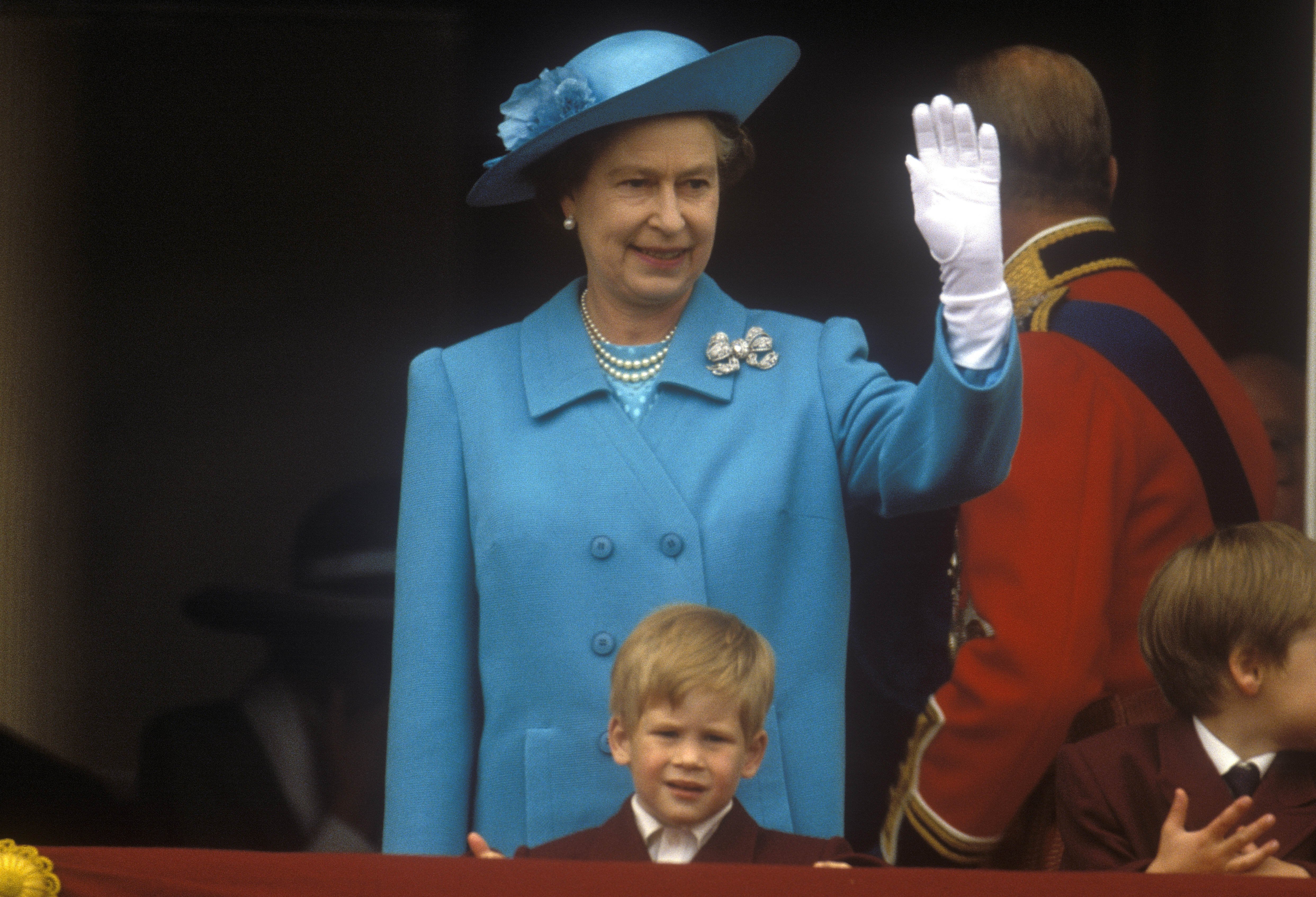 Queen Elizabeth II, Prince Harry, Trooping the Colour, 11th June 1988 | Source: Getty Images 