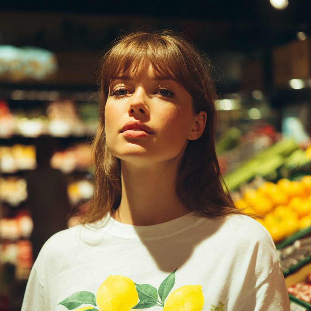 A woman smiling gently in a grocery store | Source: Midjourney
