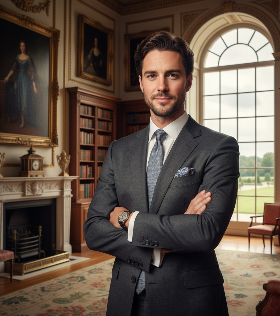 Reimagined as a man, Middleton transforms into a striking figure of classic British elegance. With perfectly groomed dark hair, a strong brow, and chiseled bone structure, he commands the room in a tailored suit. The regal air remains — only now, with sharper angles and a more assertive gaze. | Source: Gemini