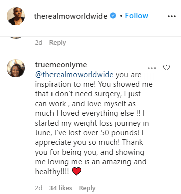 Screenshot of a fan's comment on Monique Hicks' photo. | Source: Instagram/@therealmoworldwide