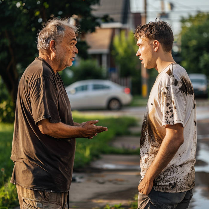 An elderly man scolding a young man with muddied clothes | Source: Midjourney