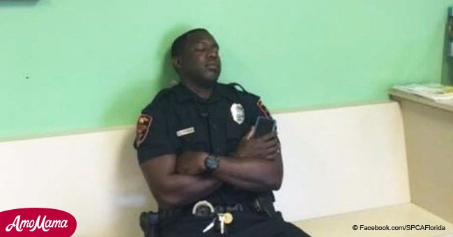 Exhausted police officer refuses to rest until he's sure puppy he saved is taken care of