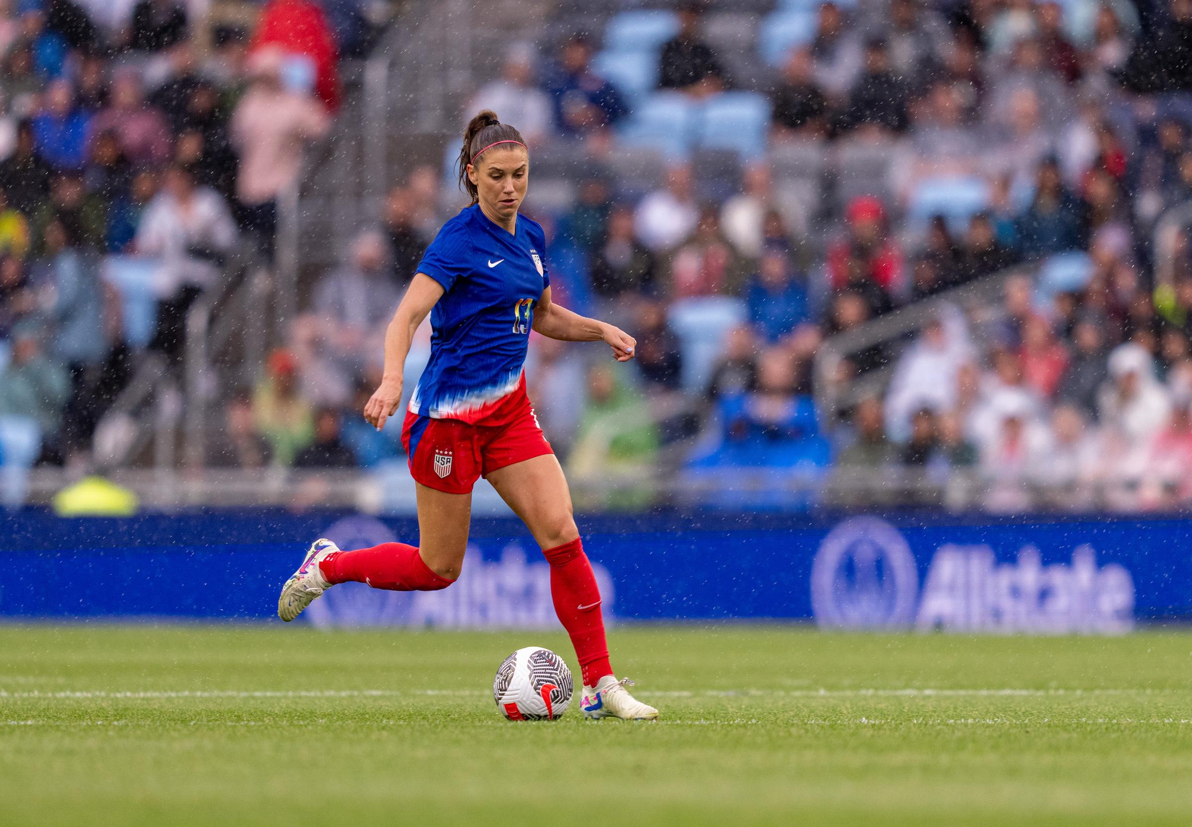 Alex Morgan dribbles during a game between Korea Republic and USWNT in Saint Paul, Minnesota, on June 4, 2024. | Source: Getty Images