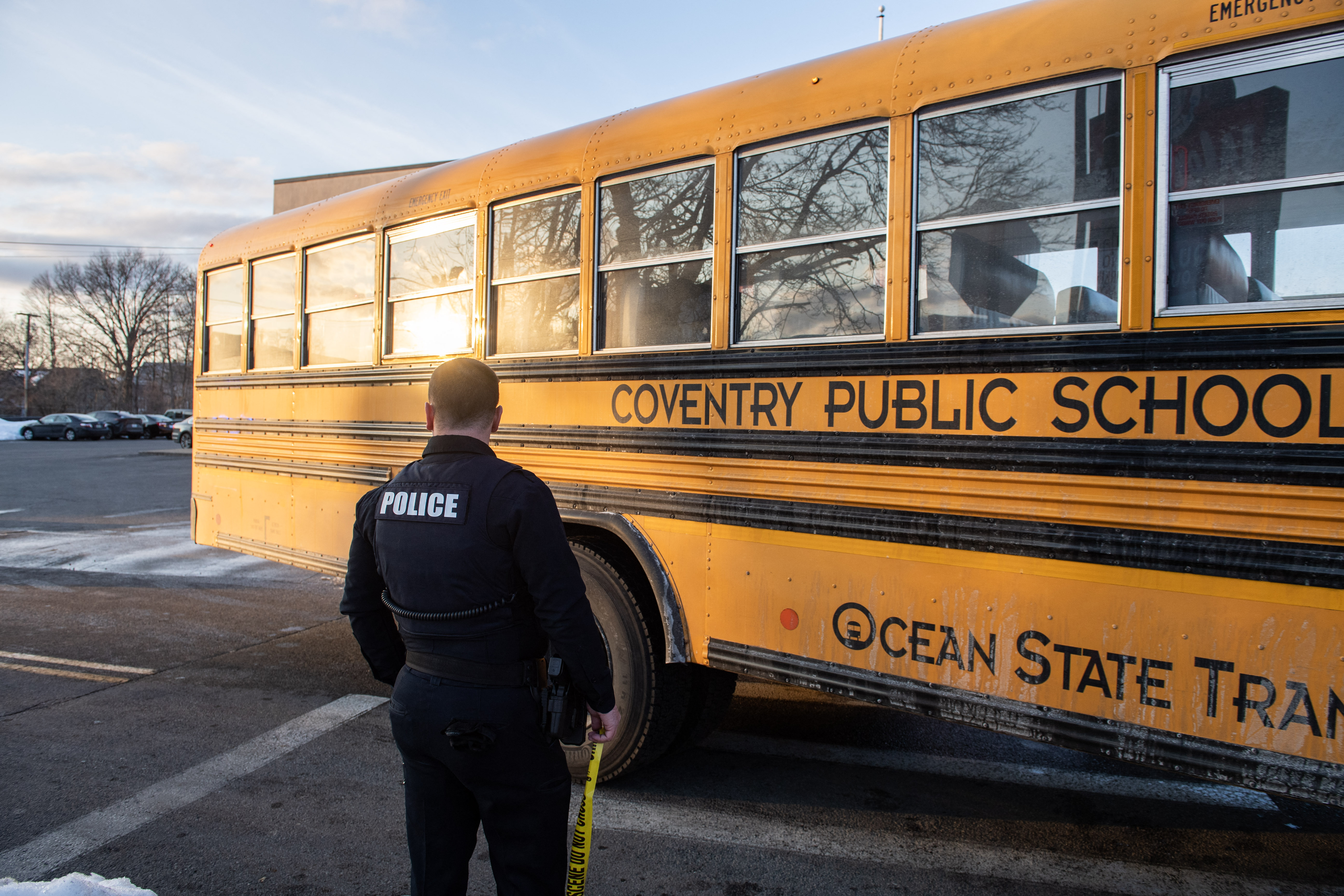 A Coventry school bus parked around the Dennis M Lynch Arena in Pawtucket, Rhode Island, on February 16, 2026. | Source: Getty Images