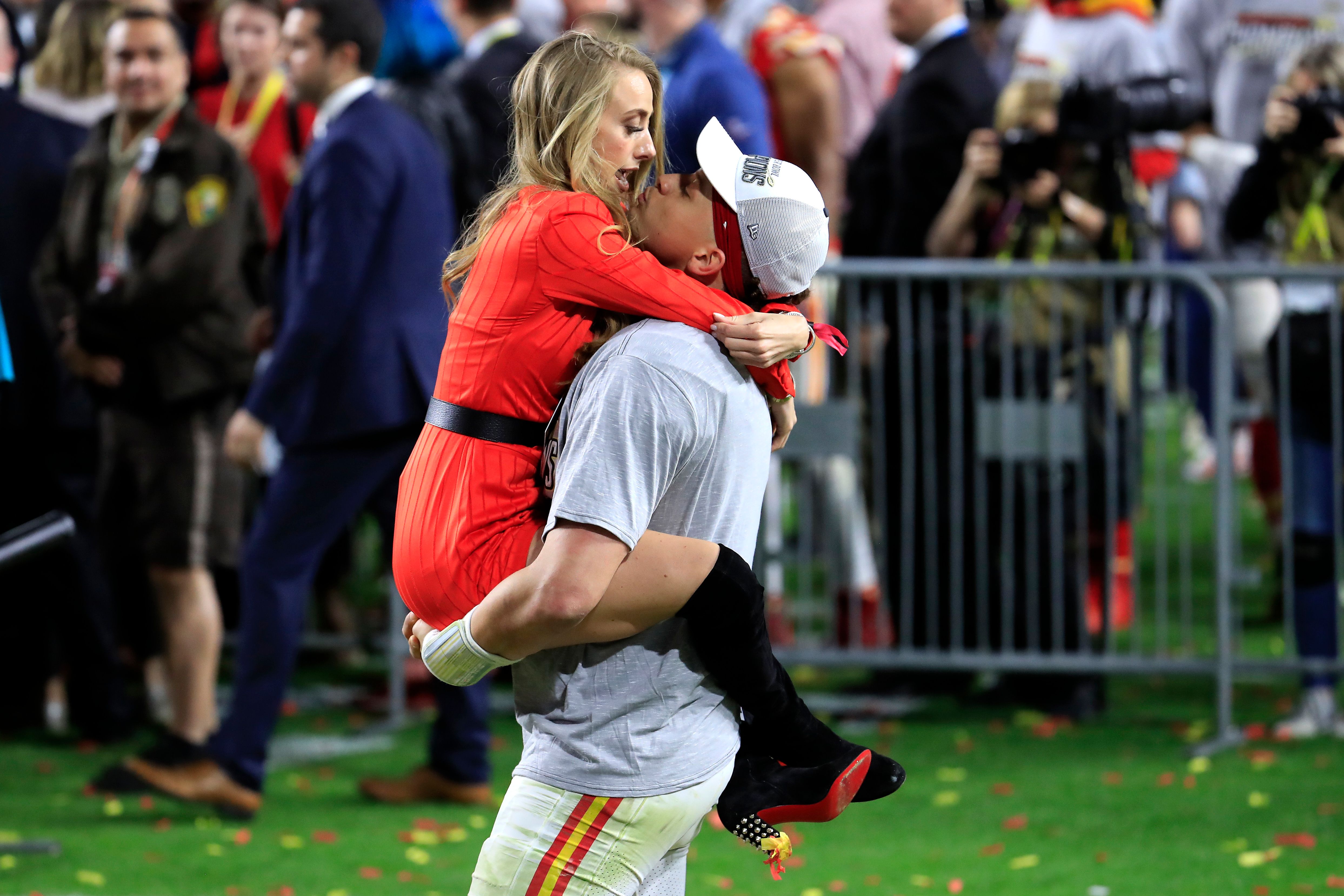  Patrick Mahomes celebrates with his girlfriend, Brittany Matthews, after defeating the San Francisco 49ers in the 2020 Super Bowl in Miami, Florida | Source: Getty Images