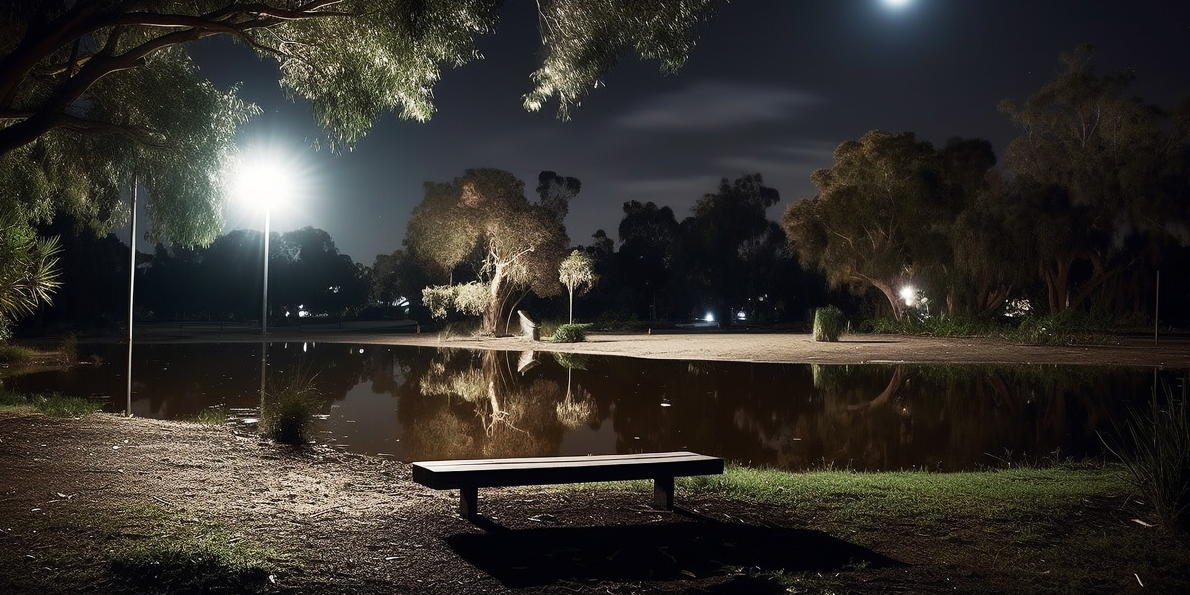 A bench by the pond during nighttime | Source: Freepik