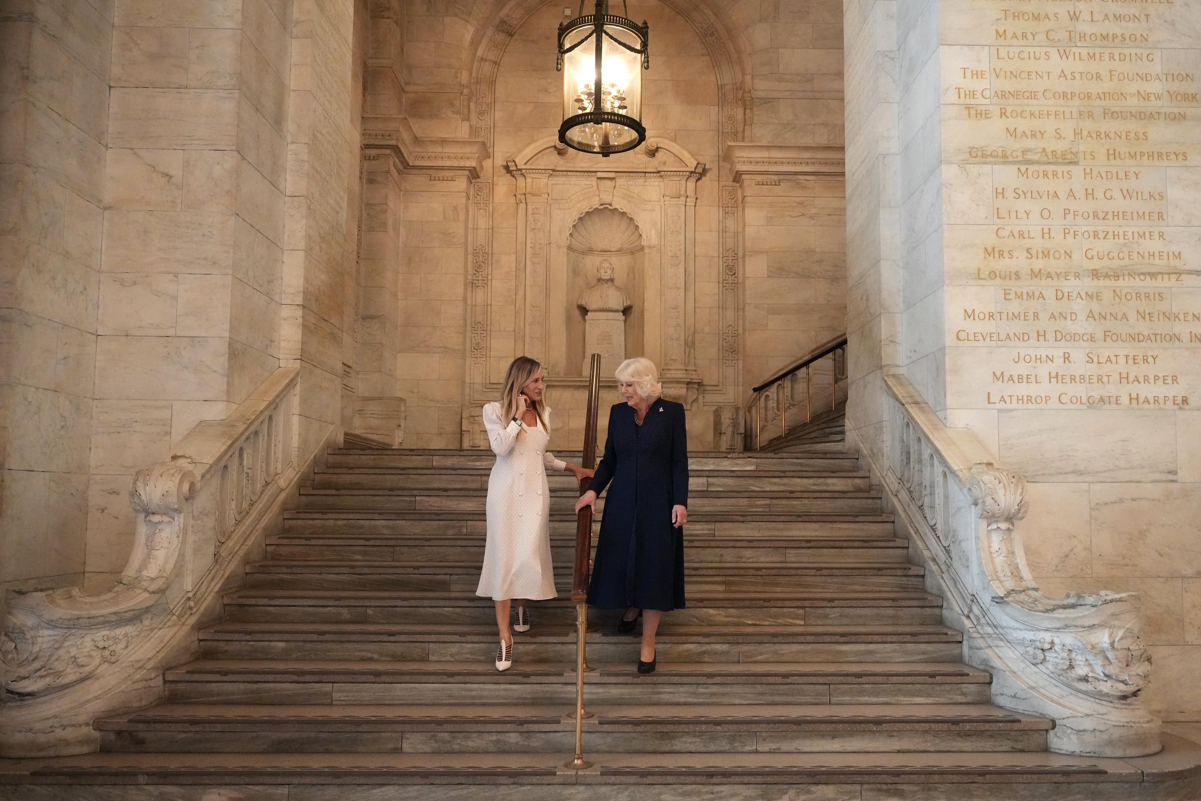 Sarah Jessica Parker and Queen Camilla attend a literary engagement at New York Public Library on day three of the State Visit of King Charles III and Queen Camilla to the United States of America, on 29 April 2026 in New York City. | Source: Getty Images