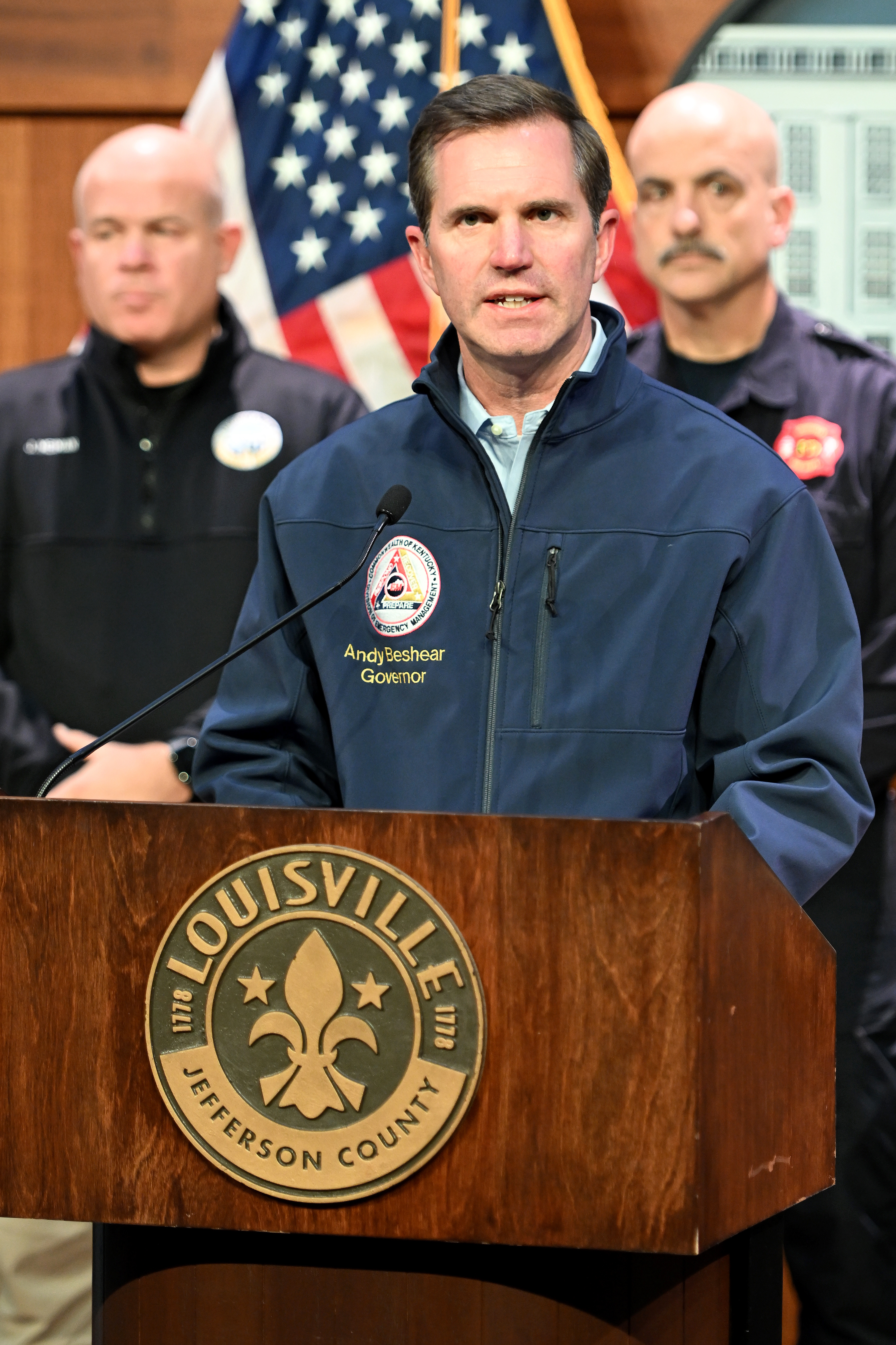 Andy Beshear speaking during the press conference. | Source: Getty Images