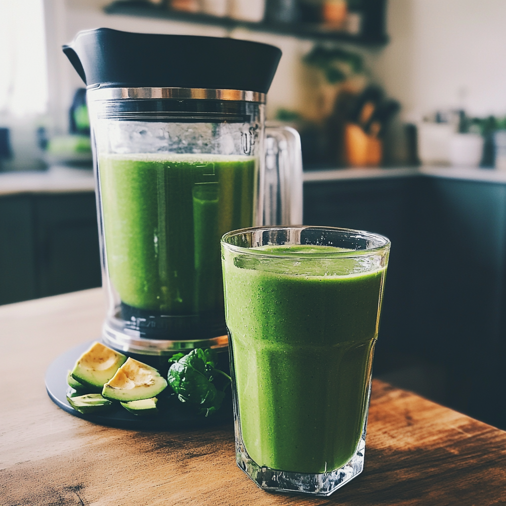 A green smoothie on a counter | Source: Midjourney