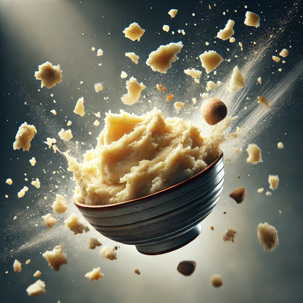 A bowl of potatoes flying through the air | Source: DALL-E