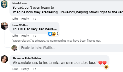 Comments on a Facebook post about the passing of Decklan Hayward. │Source: facebook.com/Sunrise