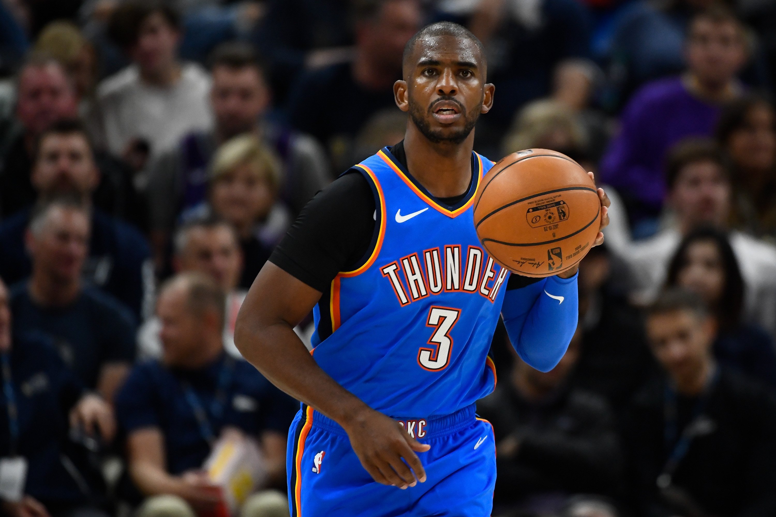 Chris Paul #3 of the Oklahoma City Thunder looks on during an opening night game against the Oklahoma City Thunder at Vivint Smart Home Arena on October 23, 2019. | Source: GettyImages