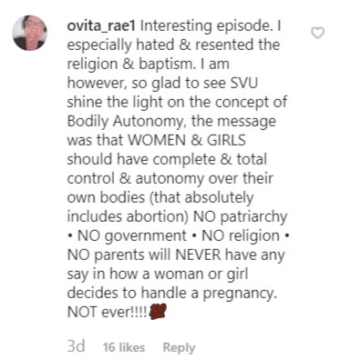 A fan comment on the "Law & Order: SVU" post | Instagram: @nbcsvu