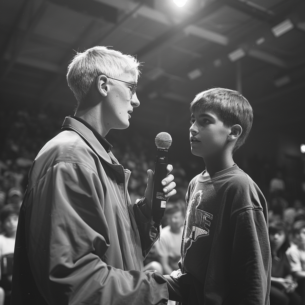 A basketball commentator handing the mic to Jason | Source: Midjourney