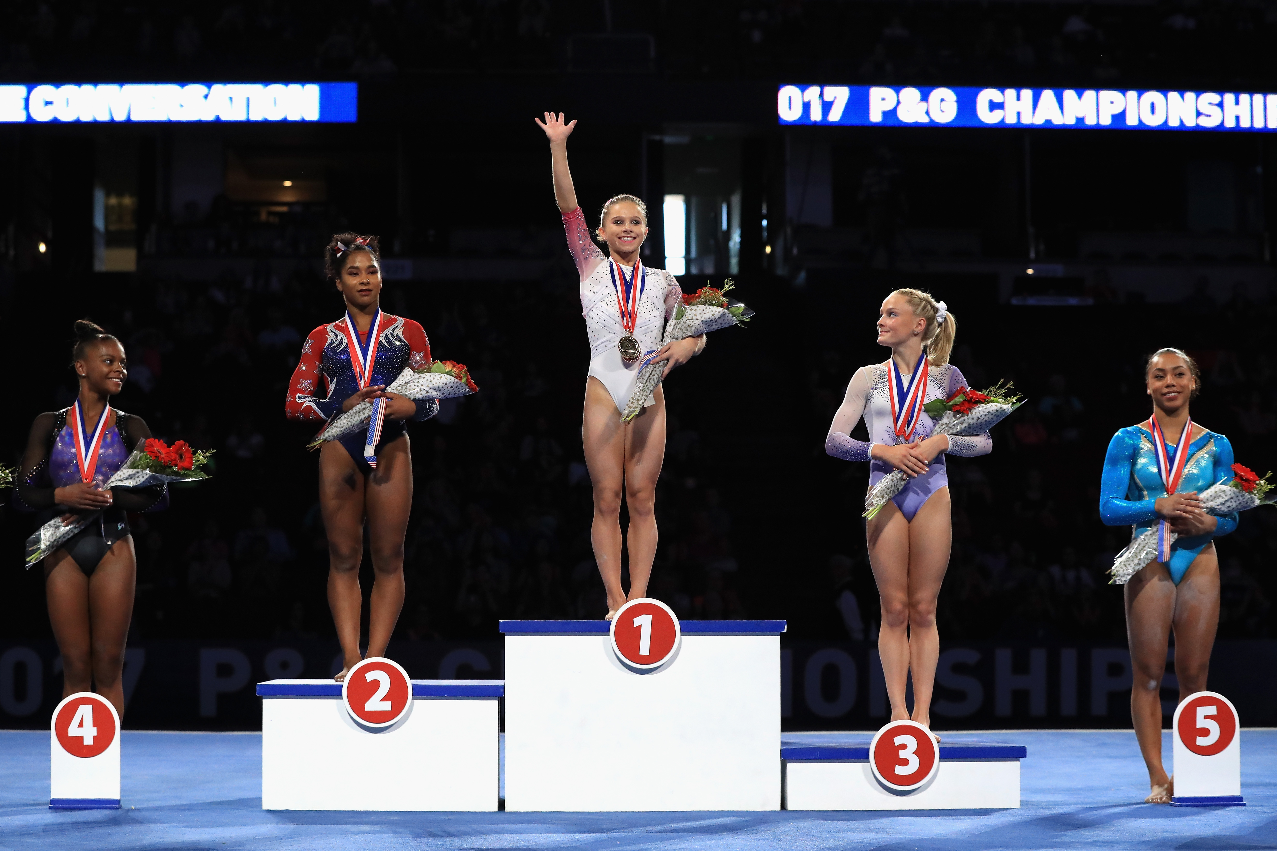 Trinity Thomas fourth place, Jordan Chiles silver, Ragan Smith gold, Riley McCusker bronze, and Margzetta Frazier fifth place in the Women's All-Around Competition during the P&G Gymnastics Championships on August 20, 2017 in Anaheim, California | Source: Getty Images