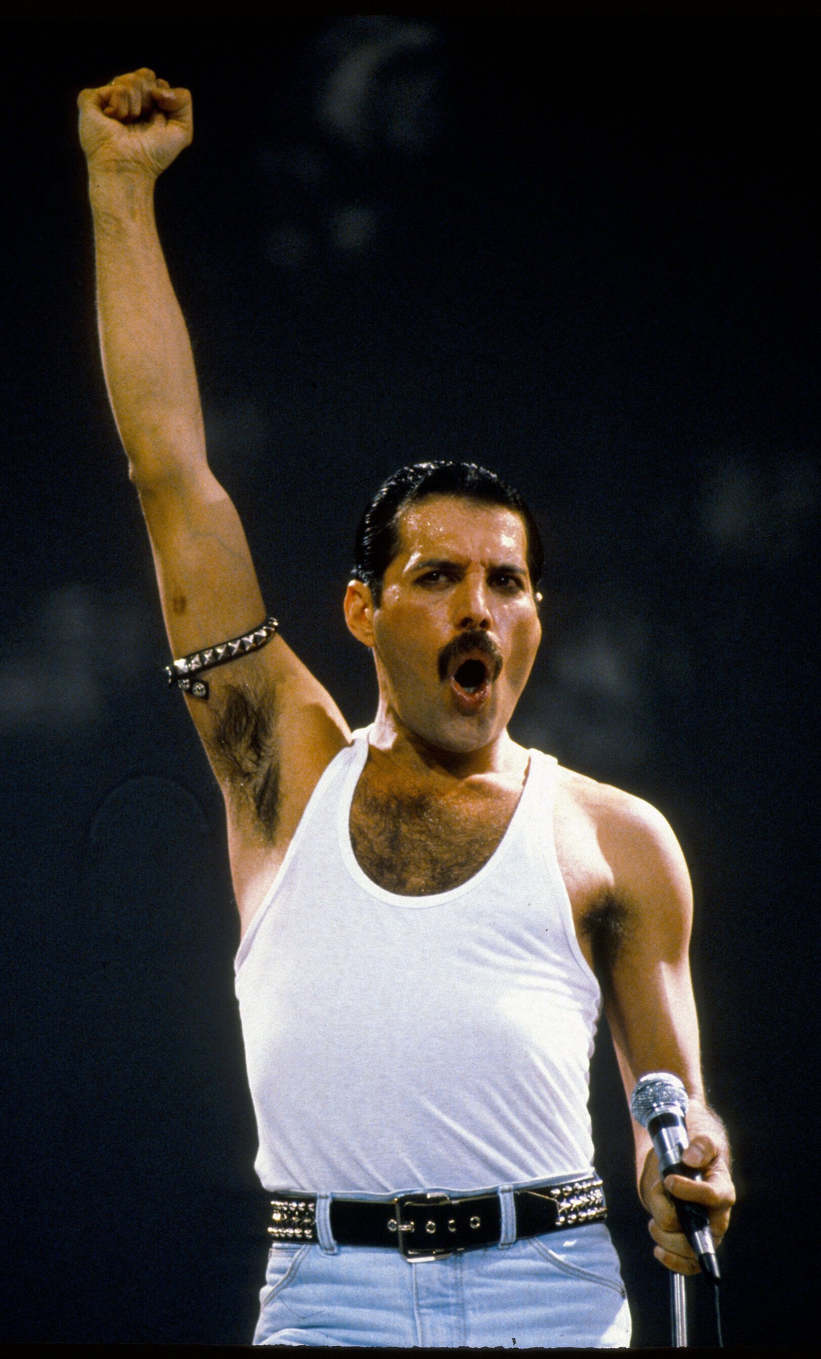 Freddie Mercury at the Live Aid concert on July 13, 1985 in London, England | Source: Getty Images
