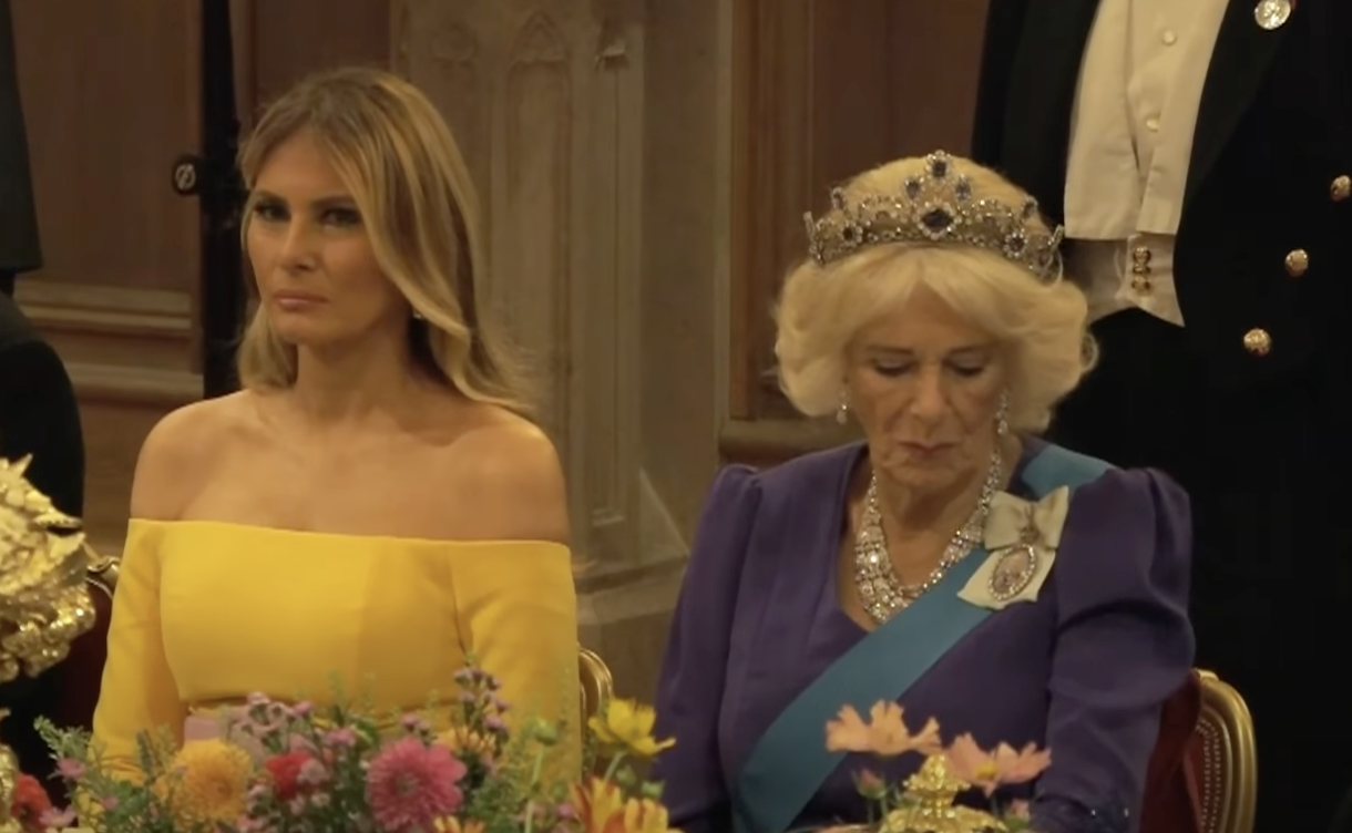 First Lady Melania Trump and Queen Camilla listen to Donald Trump's speech during the state banquet on September 17, 2025 | Source: YouTube/@WhiteHouse
