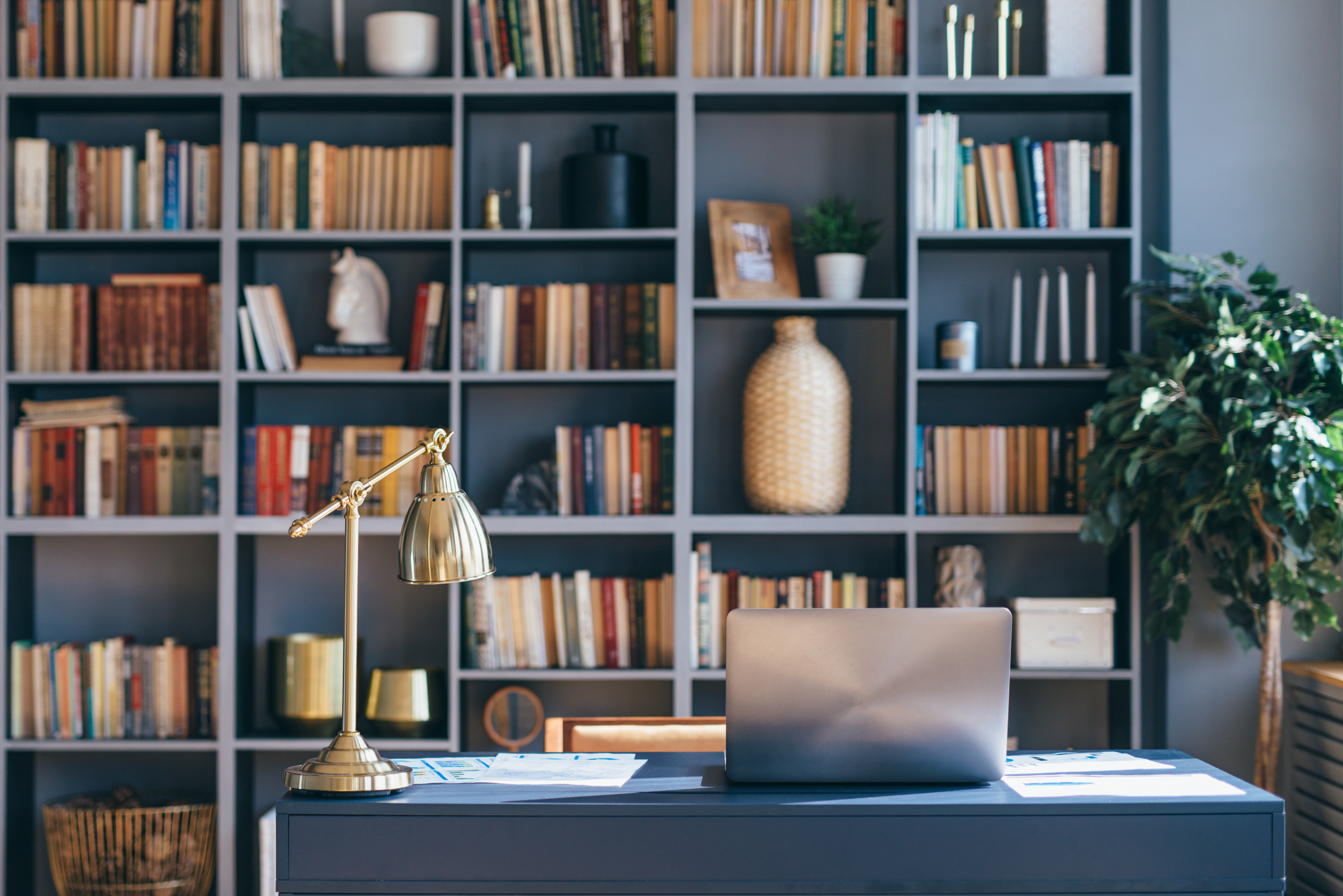 A private home office with a laptop and a shelves with books | Source: Shutterstock