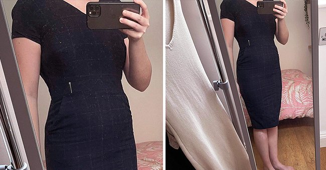 Eine Medizinstudentin macht ein Spiegel-Selfie von ihr in einem dunkelblauen Kleid, um den Zuschauern die Kleidung zu zeigen, die ihre Universität als unangemessen erachtet. | Quelle: Twitter/MedicOpa