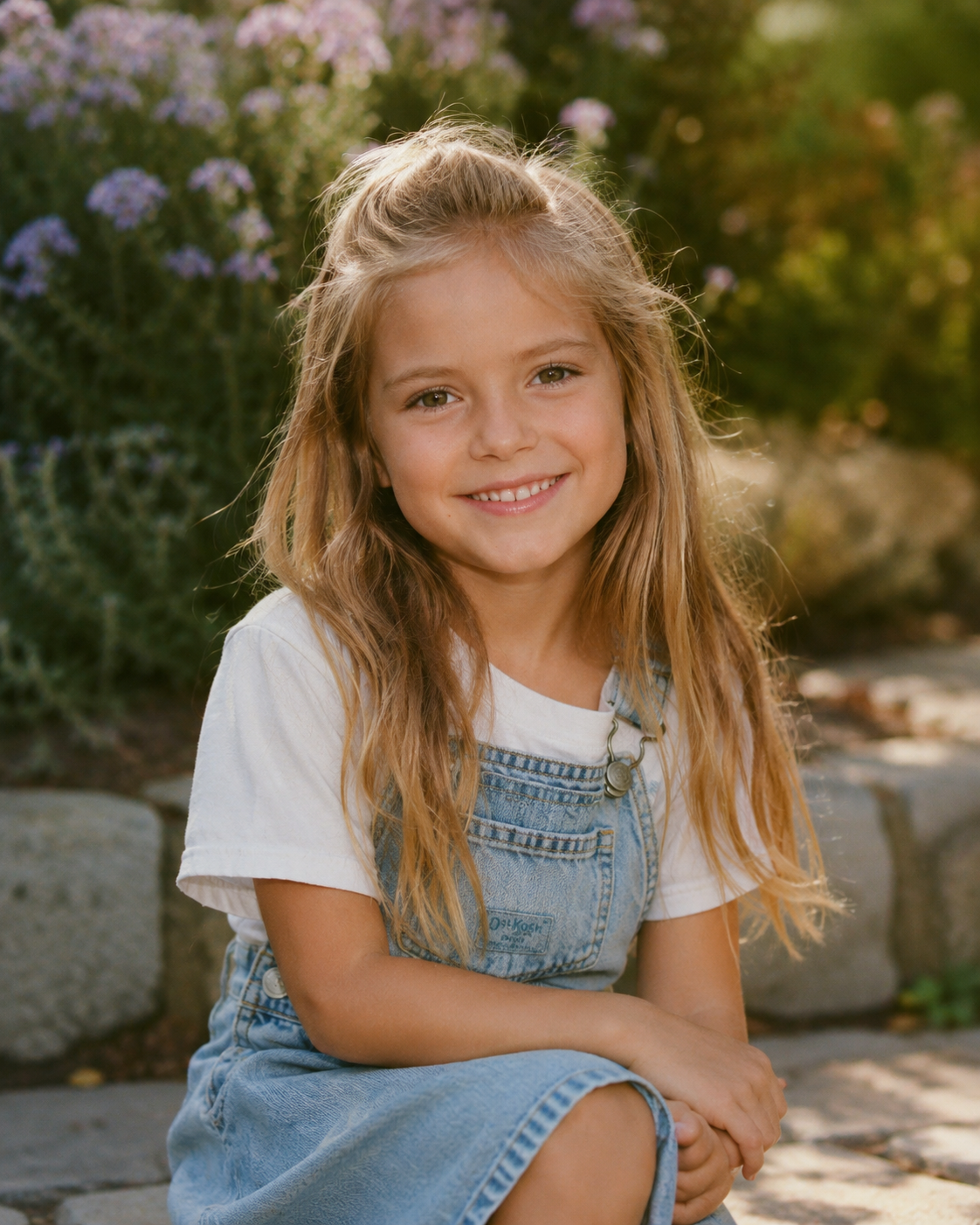 In this AI creation, Fabio and Heidi Klum’s imagined daughter smiles brightly outdoors in denim OshKosh overalls and a white tee, highlighting a charming kids' portrait style. | Source: ChatGPT