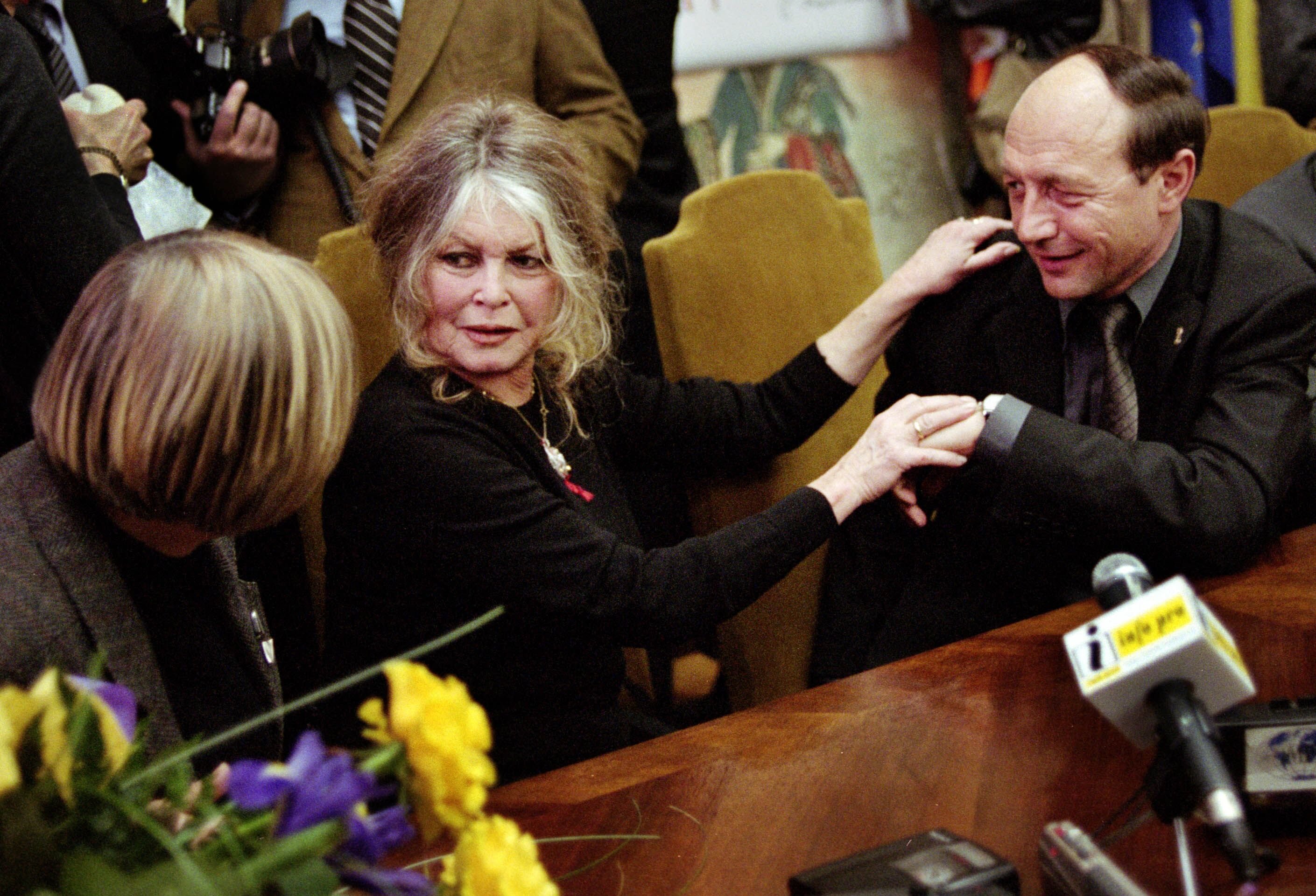 Bridgitte Bardot tend la main de Traian Basescu, maire de Bucarest, Roumanie. | Photo : Getty Images