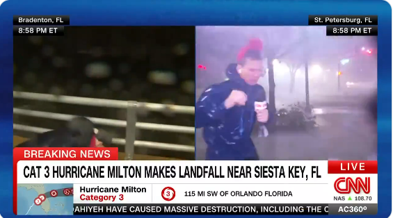 Bill Weir ventured into Hurricane Milton for a live report, from a clip dated October 10, 2024 | Source: X/brianstelter/