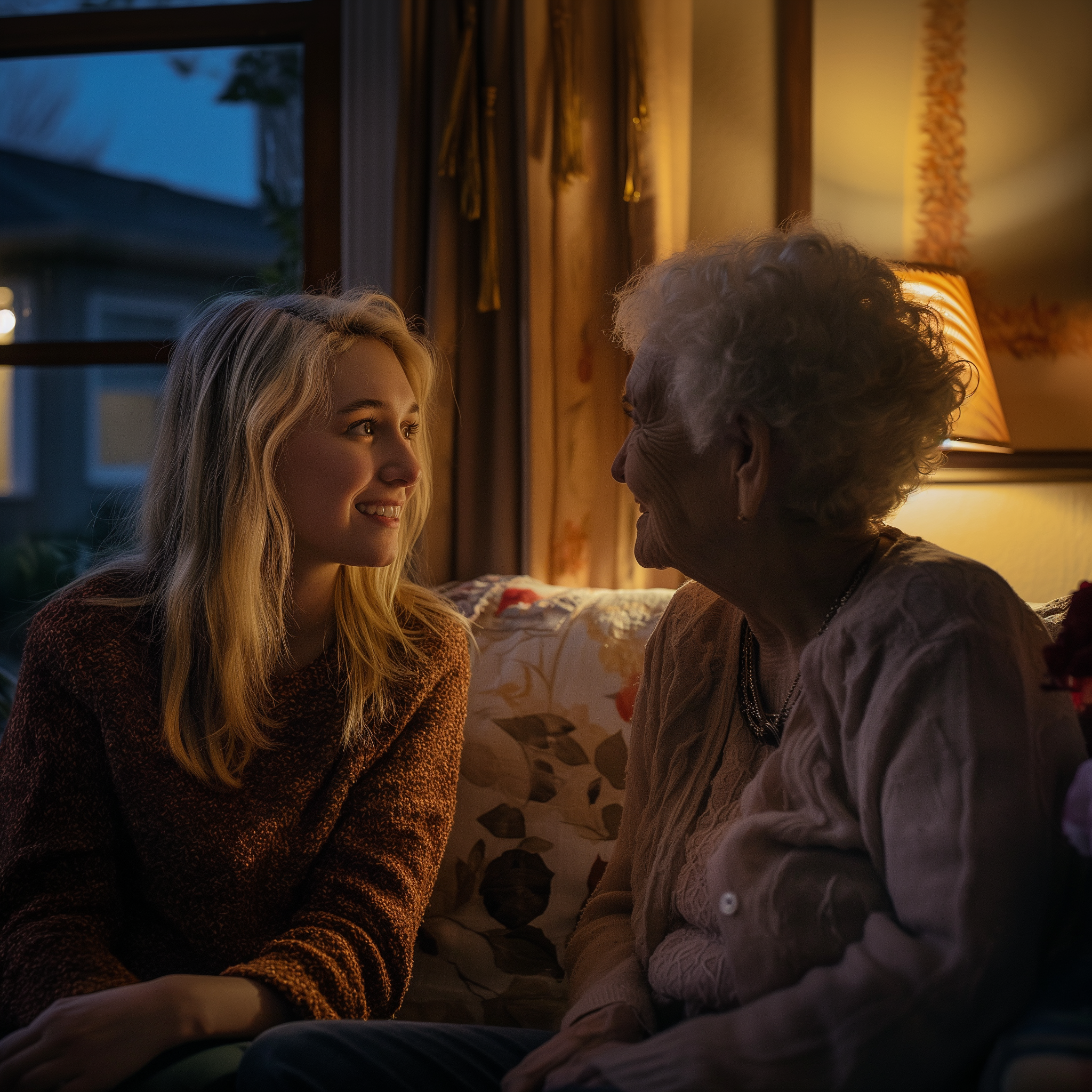 A woman sitting with her grandma in the middle of the night | Source: Midjourney