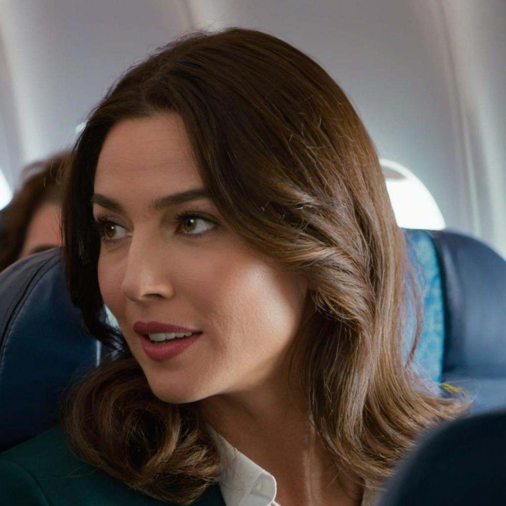 A woman addressing the person next to her aboard an airplane | Source: Midjourney